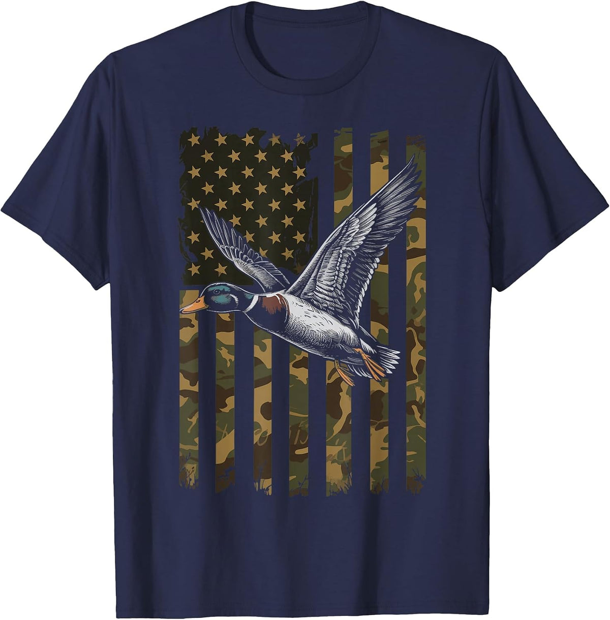 Duck Hunting US Flag Waterfowl America T-Shirt - Navy Blue