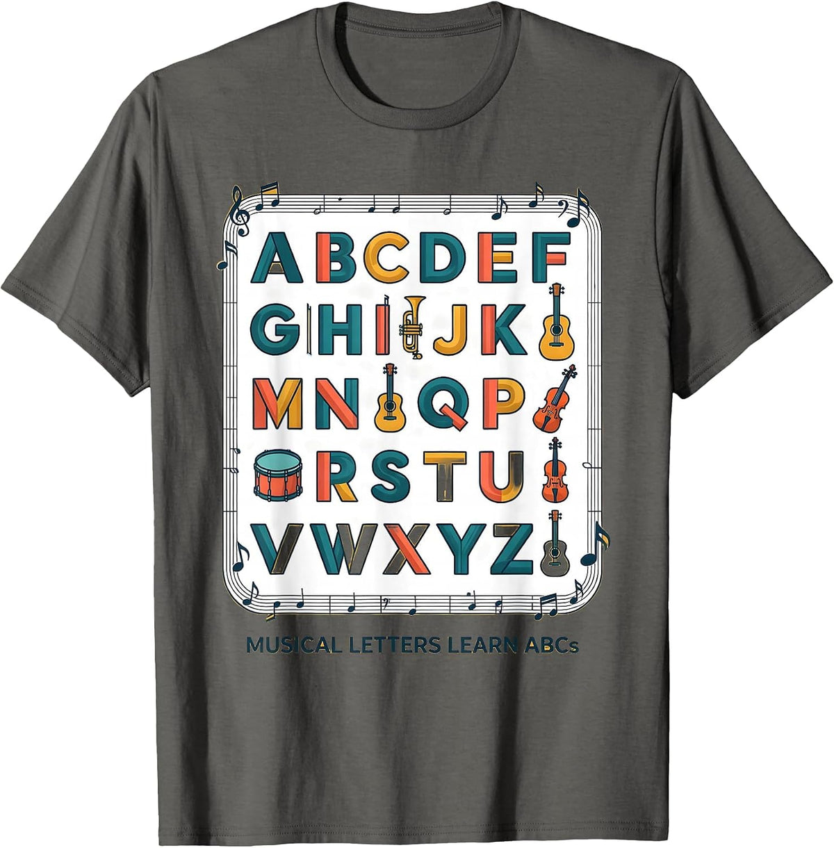 Musical Letters Learn ABCs Cute Music Teacher Alphabet Chart T-Shirt - Asphalt Grey