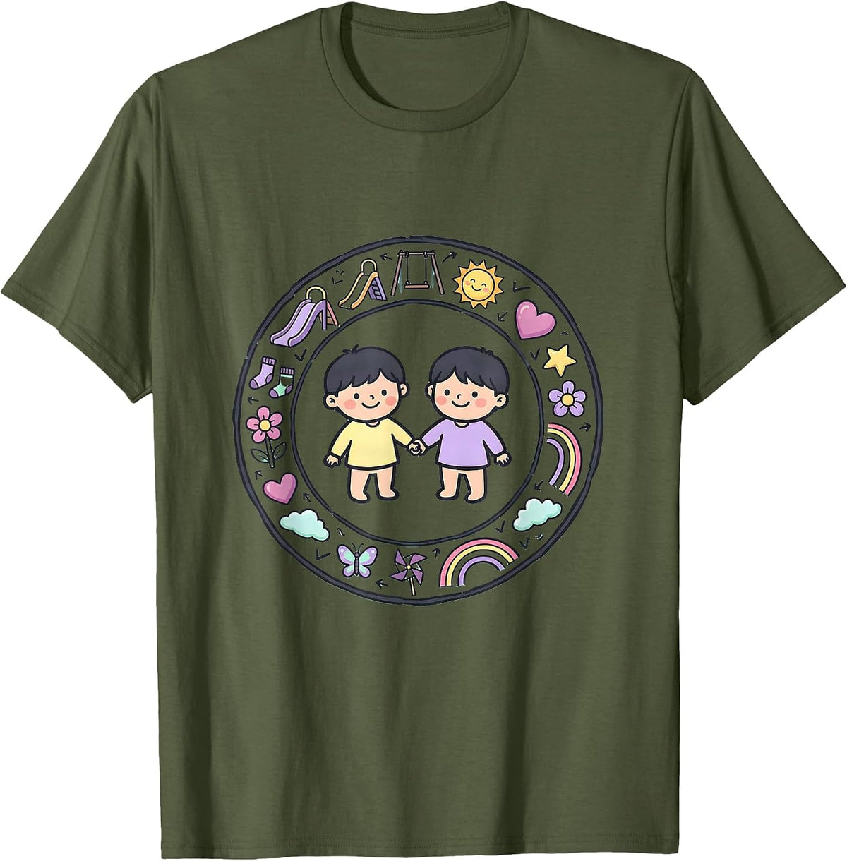 Men's Down Syndrome Awareness Kids Holding Hands Design T-Shirt - Olive Green