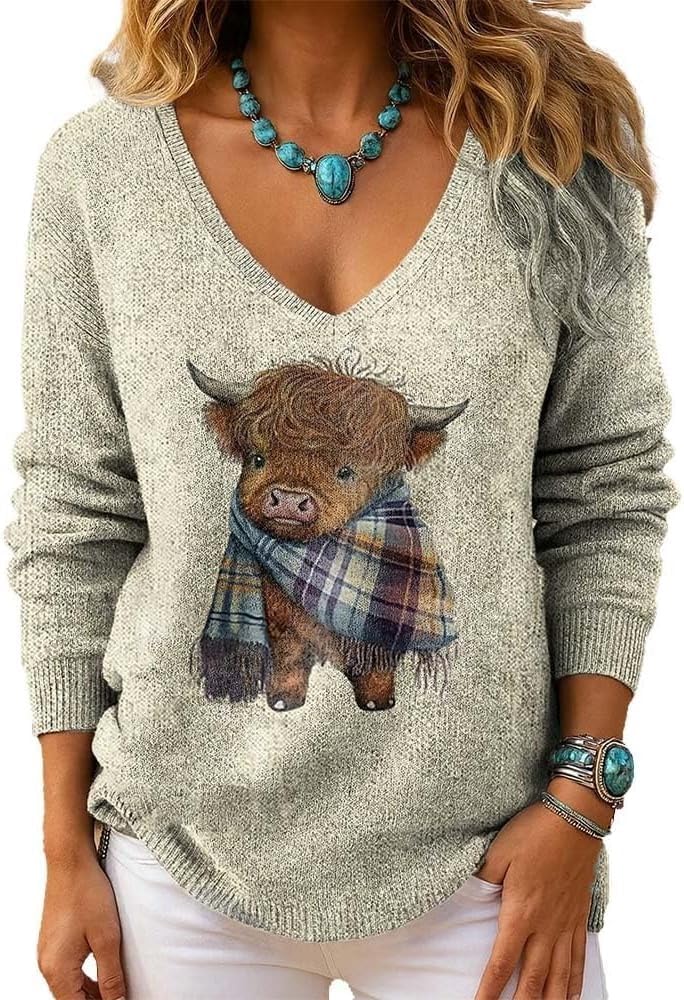 Women's Western Cute Highland Cow Print Casual Sweatshirt Cozy Season Funny Top - Almond
