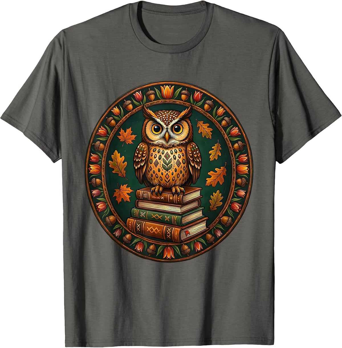 Fall Teacher Owl on Books Illustration T-Shirt - Asphalt Grey