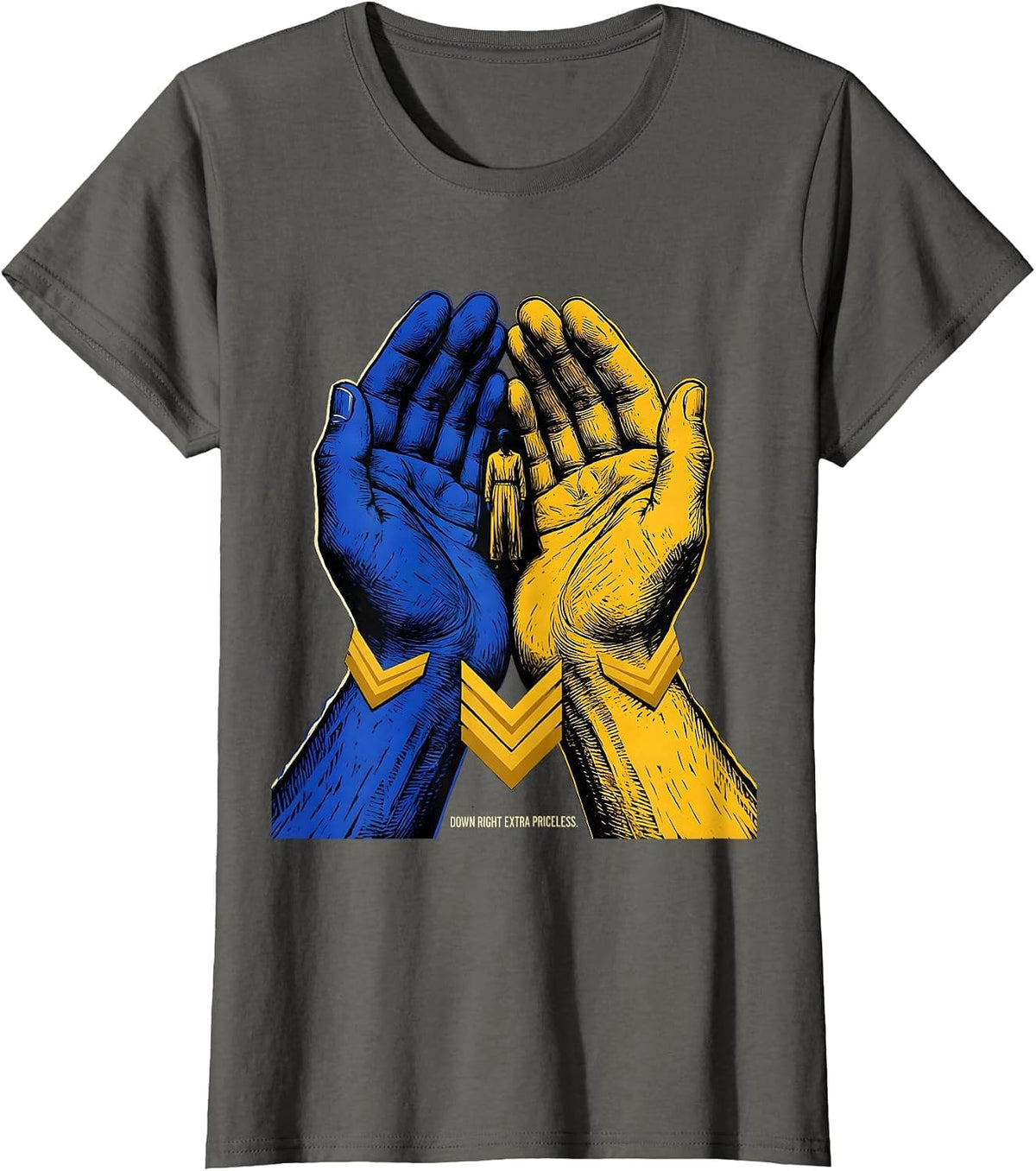 Women's Down Right Extra Priceless Linocut Down Syndrome Awareness T-Shirt - Asphalt Grey