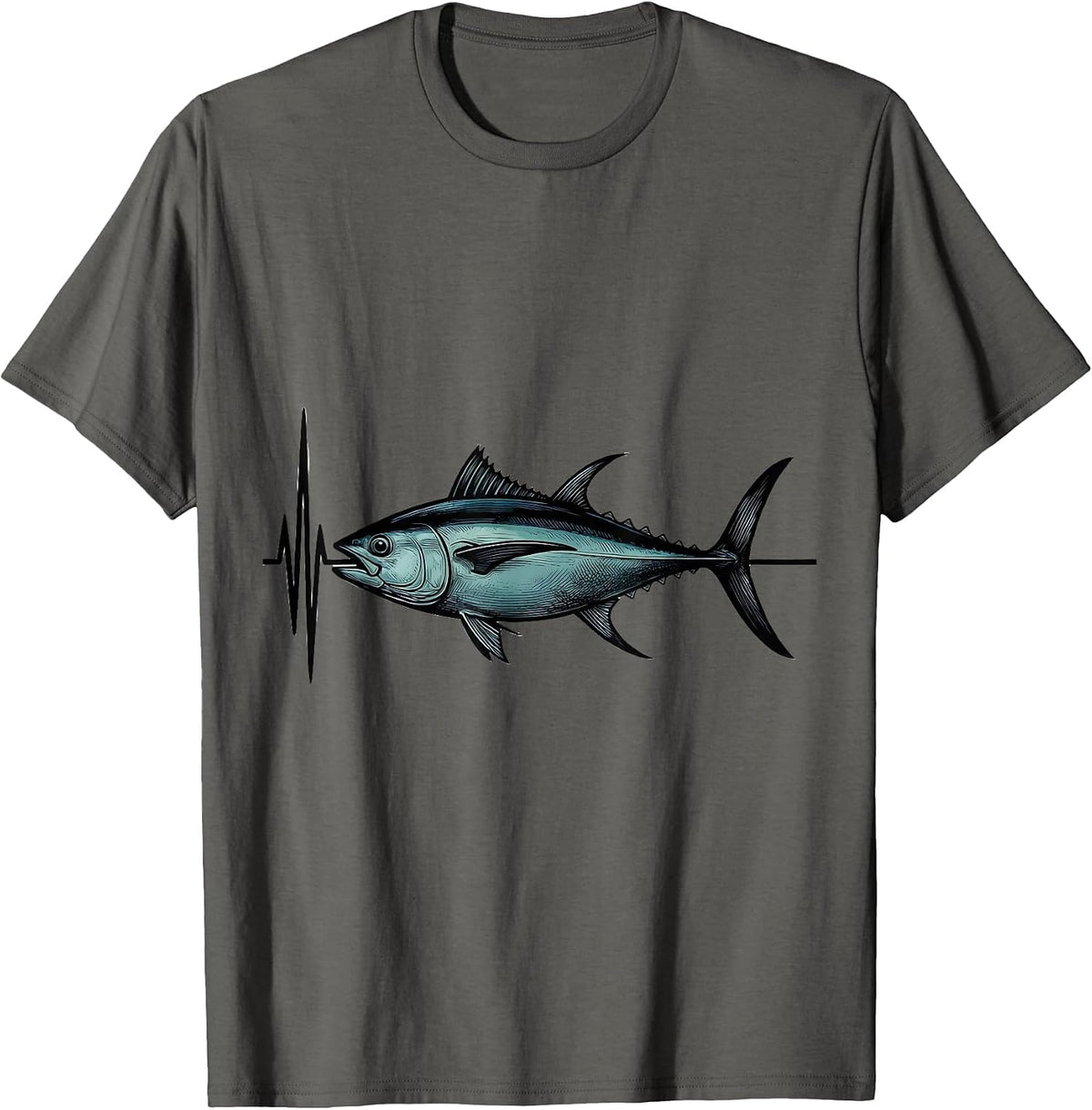 Men's Bluefin Tuna Pulse Line Minimalist Fishing Angler T-Shirt - Asphalt Grey
