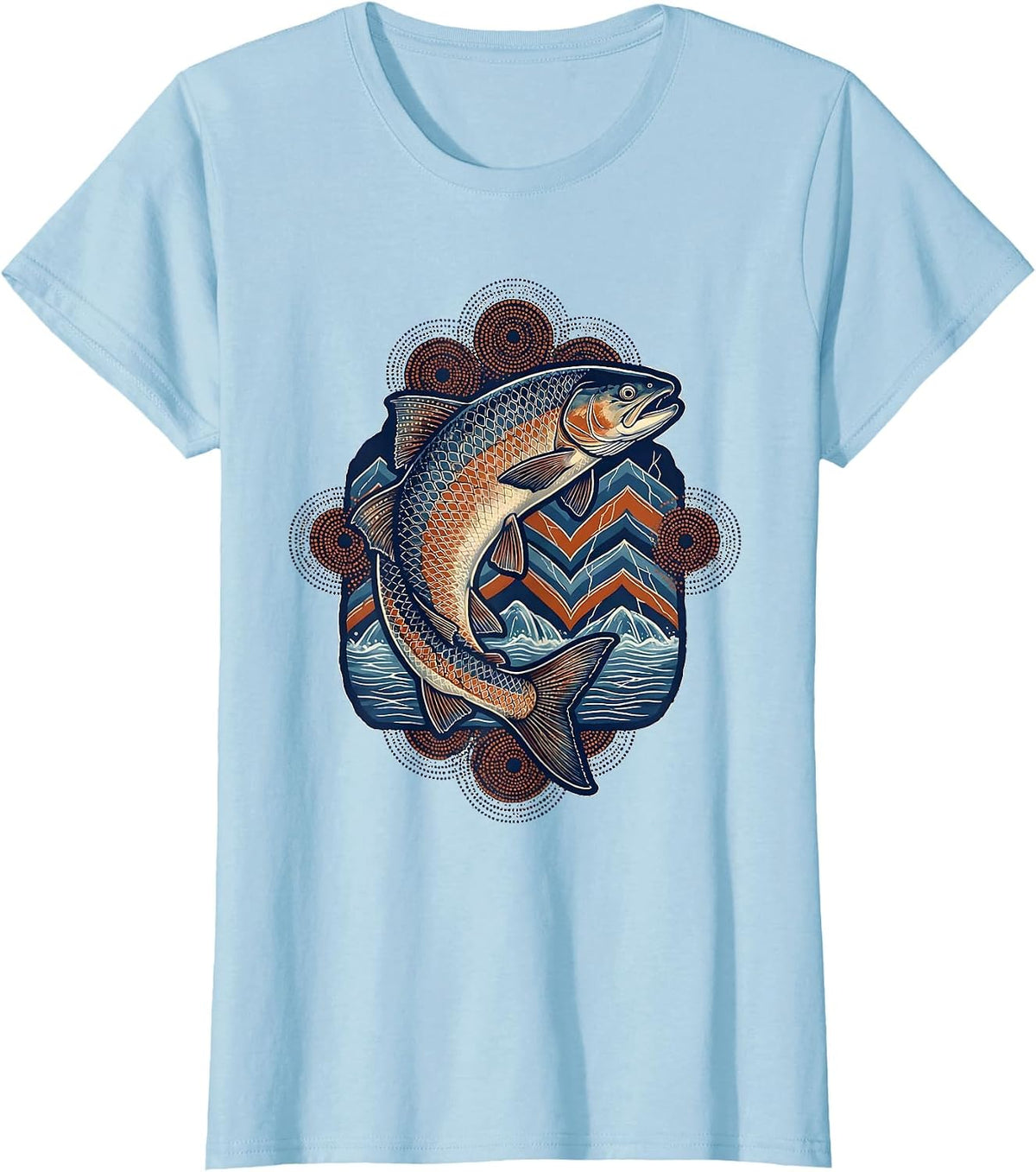 Salmon Leaping Upstream Waterfall Illustration T-Shirt - Baby Blue