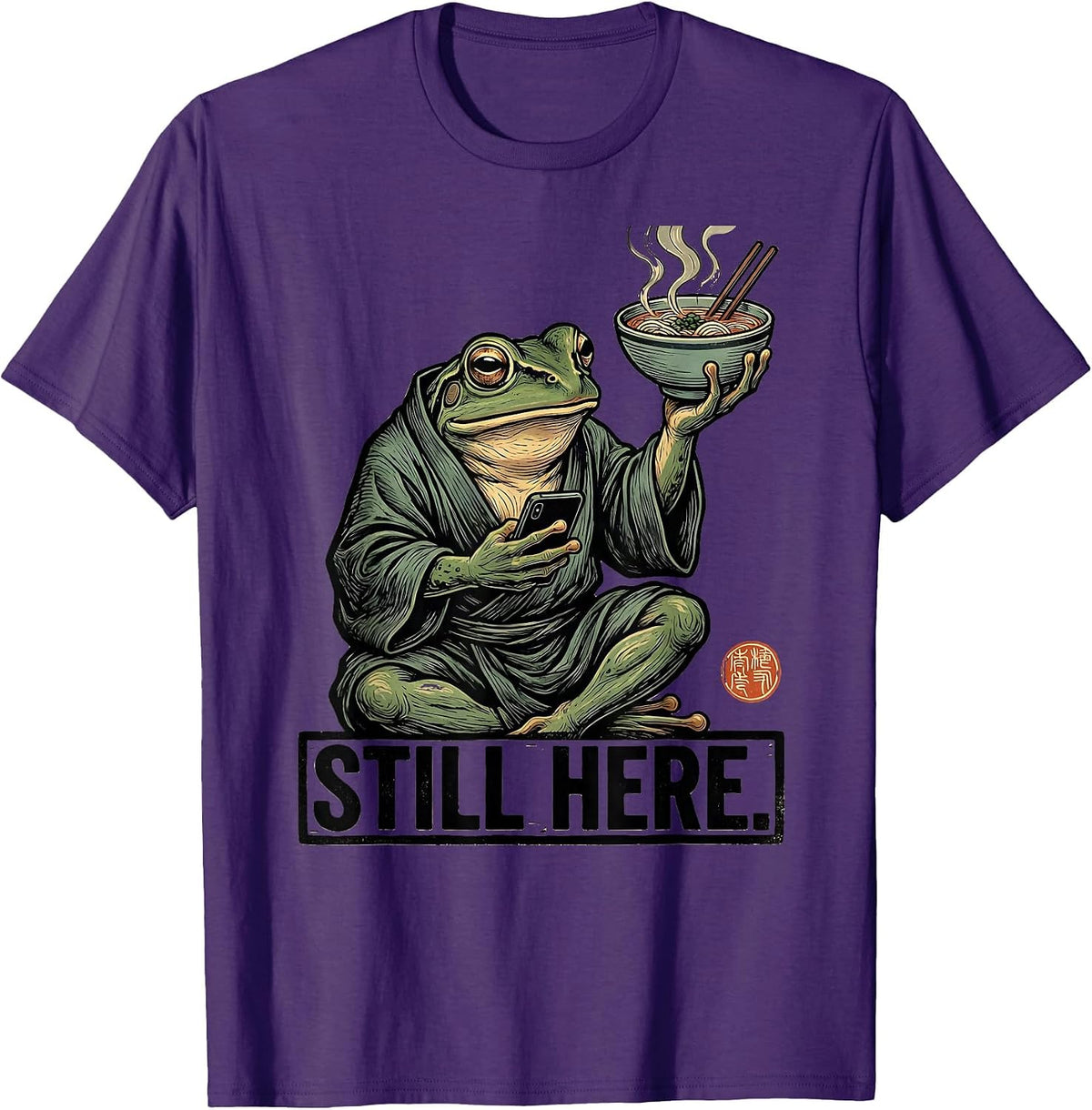 Still Here Grumpy Frog Ukiyo-e Ramen Humor Japanese Art T-Shirt - Purple