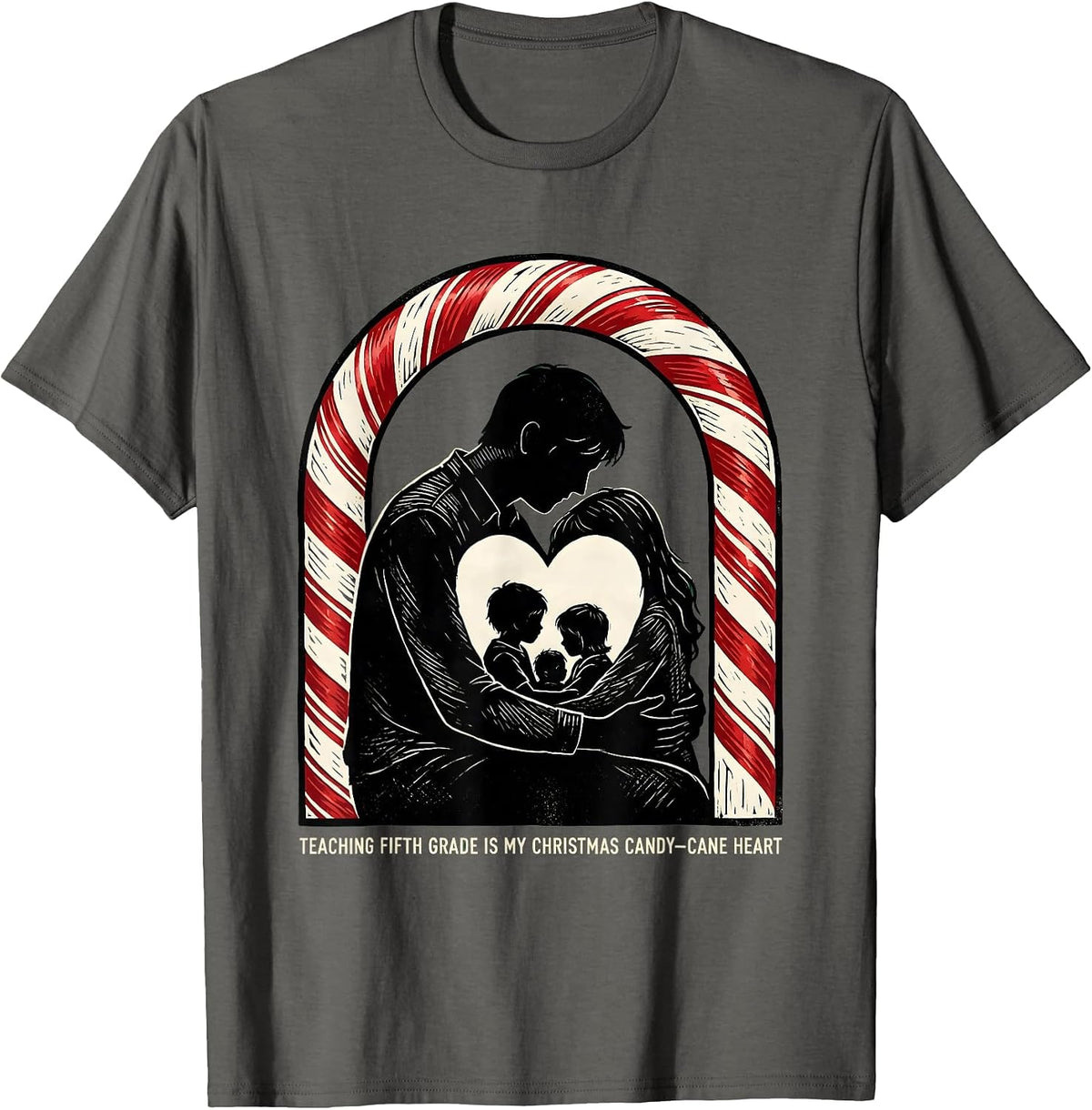 Men's Teaching Fifth Grade Is My Christmas Candy-Cane Heart T-Shirt - Asphalt Grey