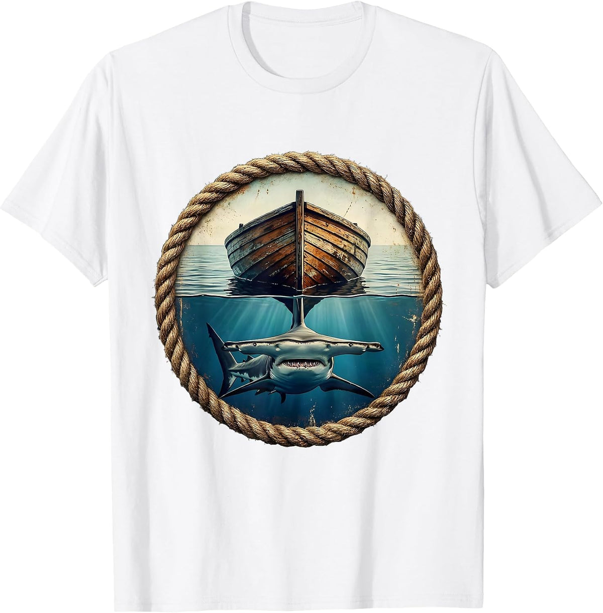 Men's Gulf of Mexico Hammerhead Shark Boat Hull Art T-Shirt - White