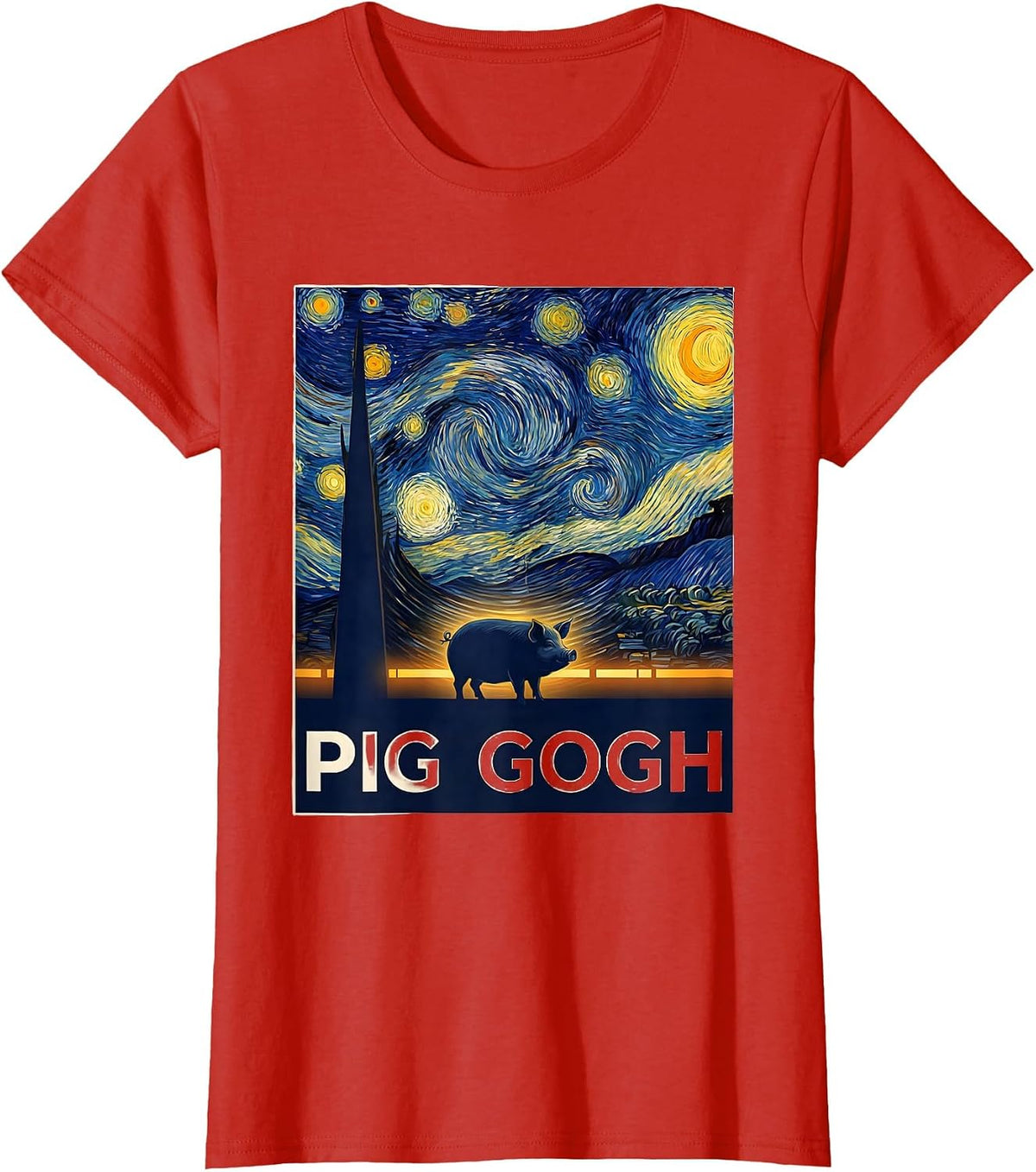 Women's Pig Gogh Flat Vector Art Parody Pet Lover Gift T-Shirt - Red