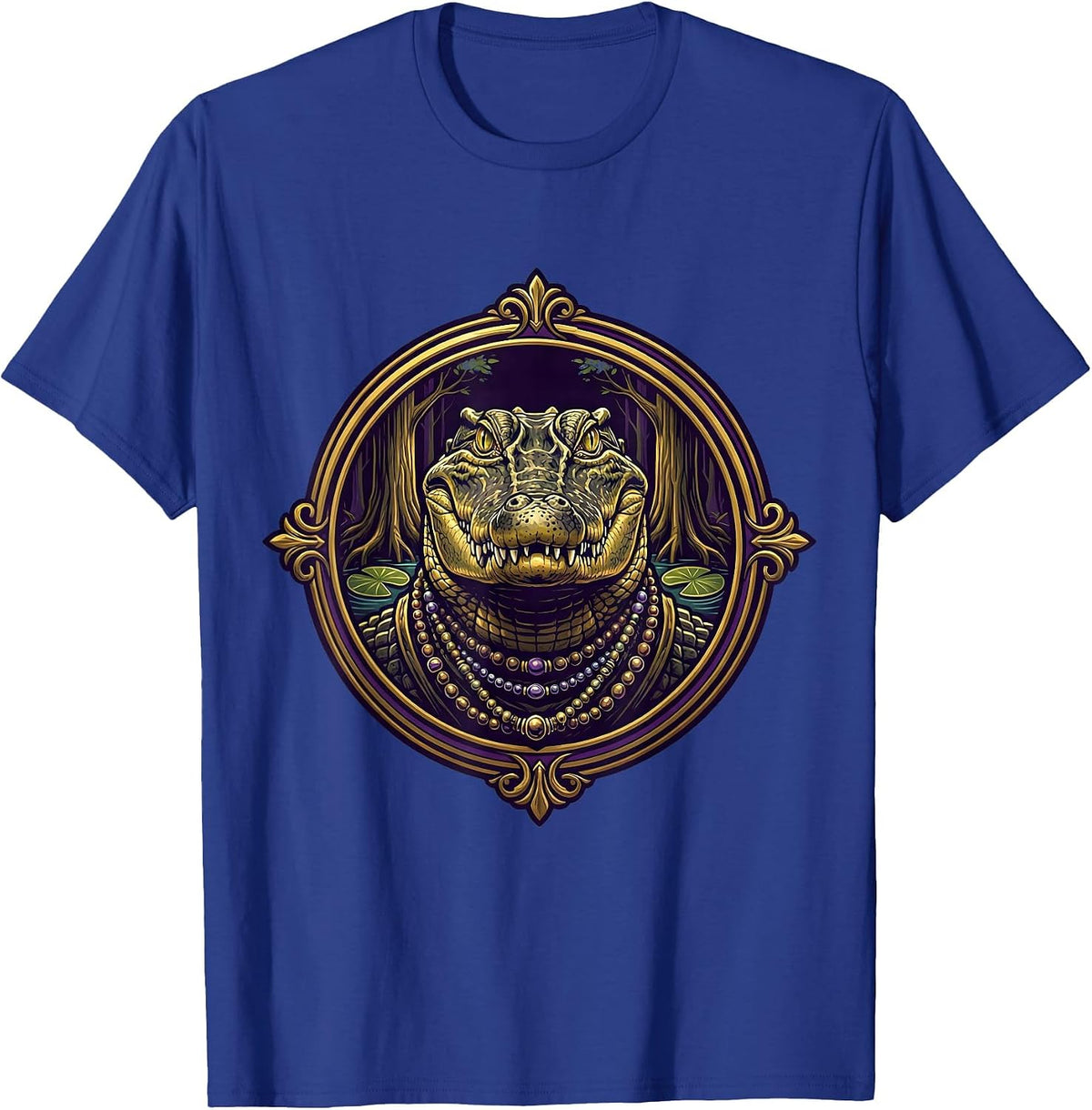 Men's Mardi Gras Alligator Beaded Necklaces Swamp Design T-Shirt - Royal Blue