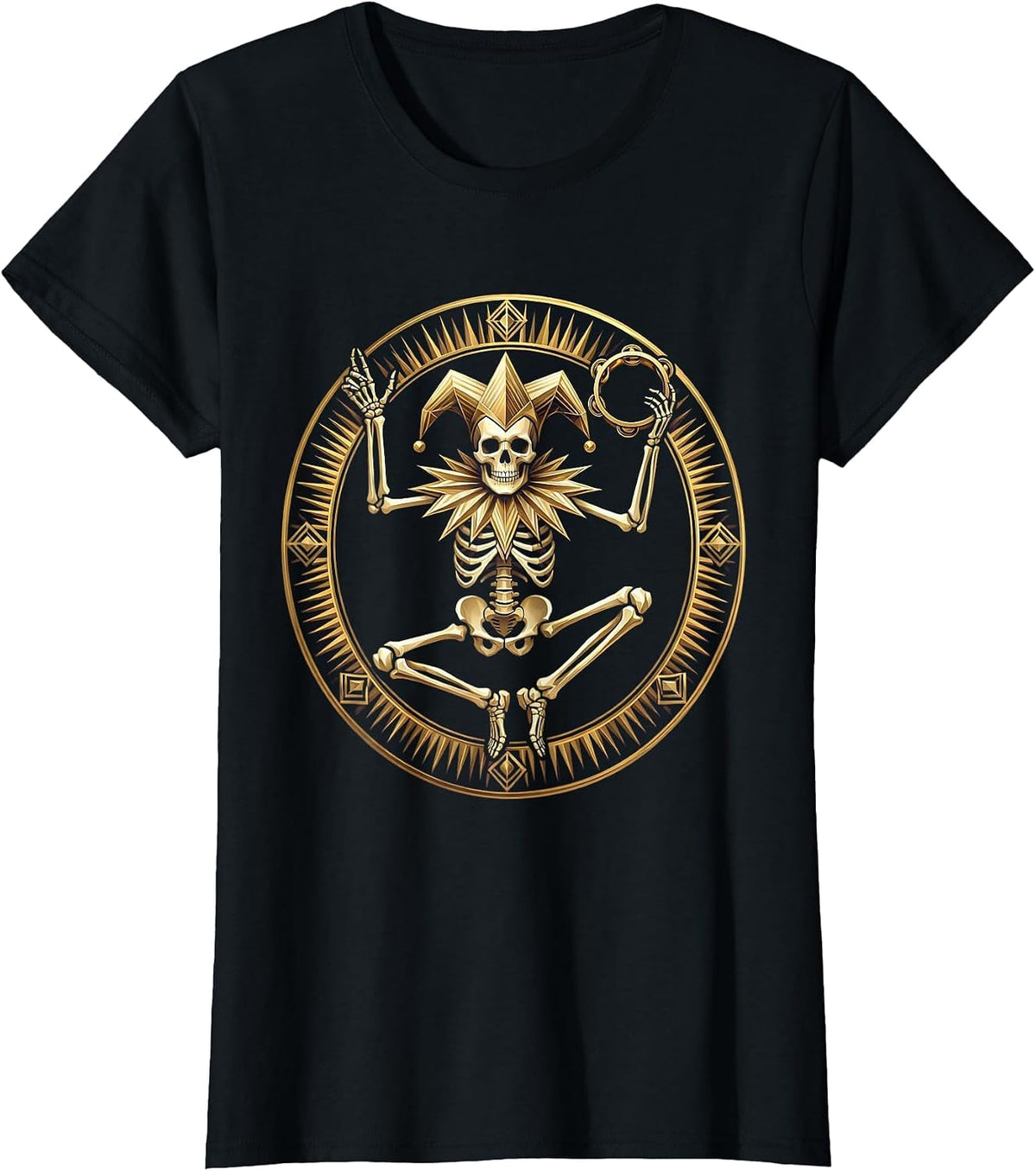 Women's Skeletal Jester Mardi Gras Dancing Tambourine T-Shirt - Black