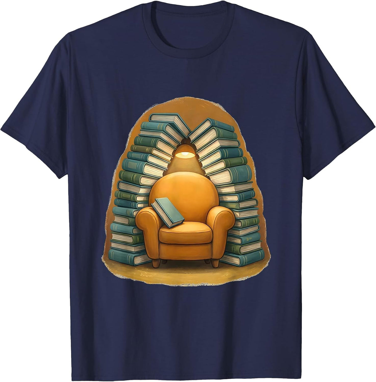 Men's Cozy Armchair Towering Book Piles Reading Art T-Shirt - Navy Blue