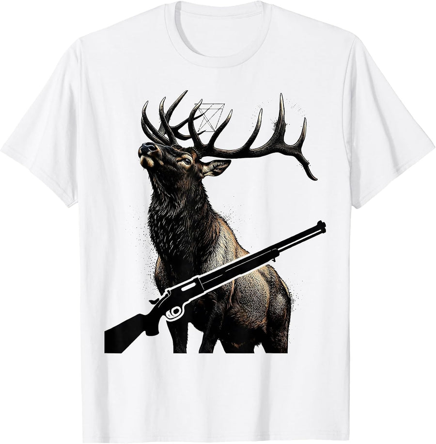 Men's Elk and Rifle 2nd Amendment Wildlife Art Design T-Shirt - White