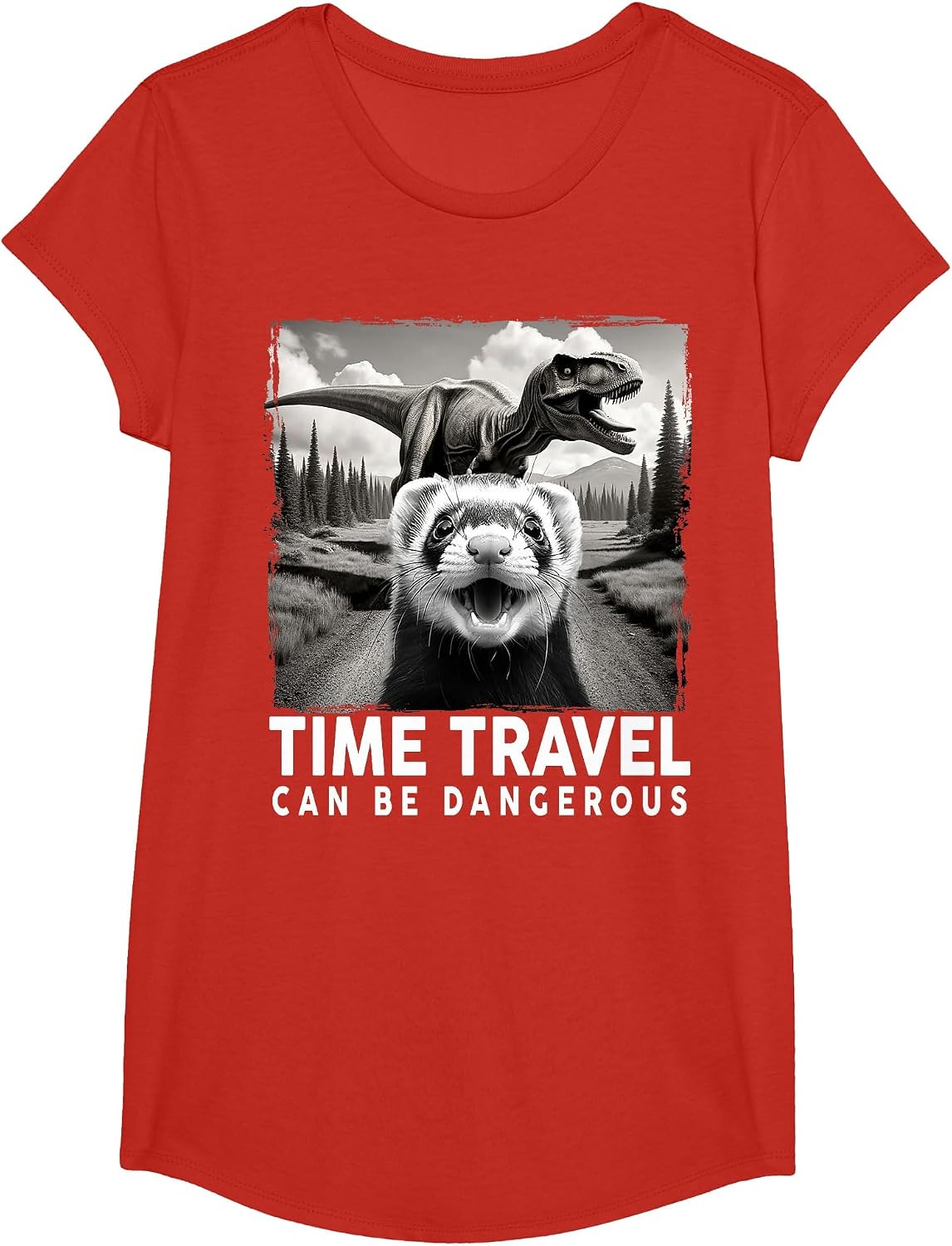 Ferret Selfie with Dinosaur, Time Travel Can Be Dangerous T-Shirt - Girls Red