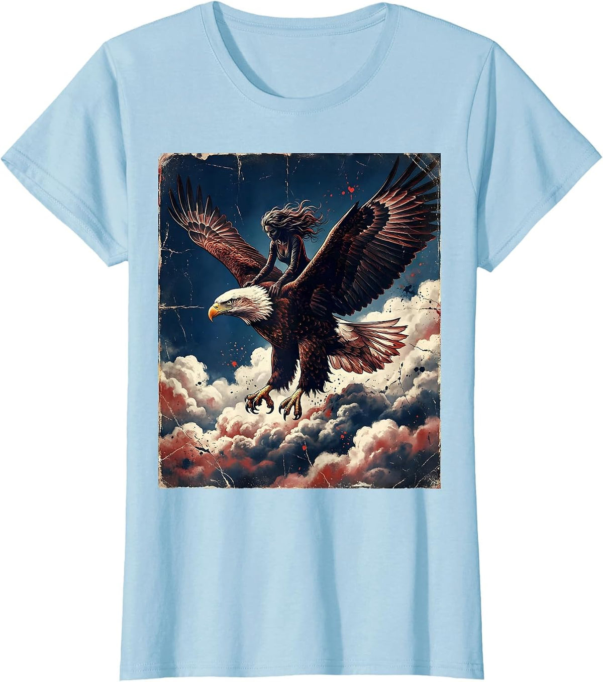 Red White and Blue Bald Eagle Rider Over Clouds T-Shirt - Baby Blue