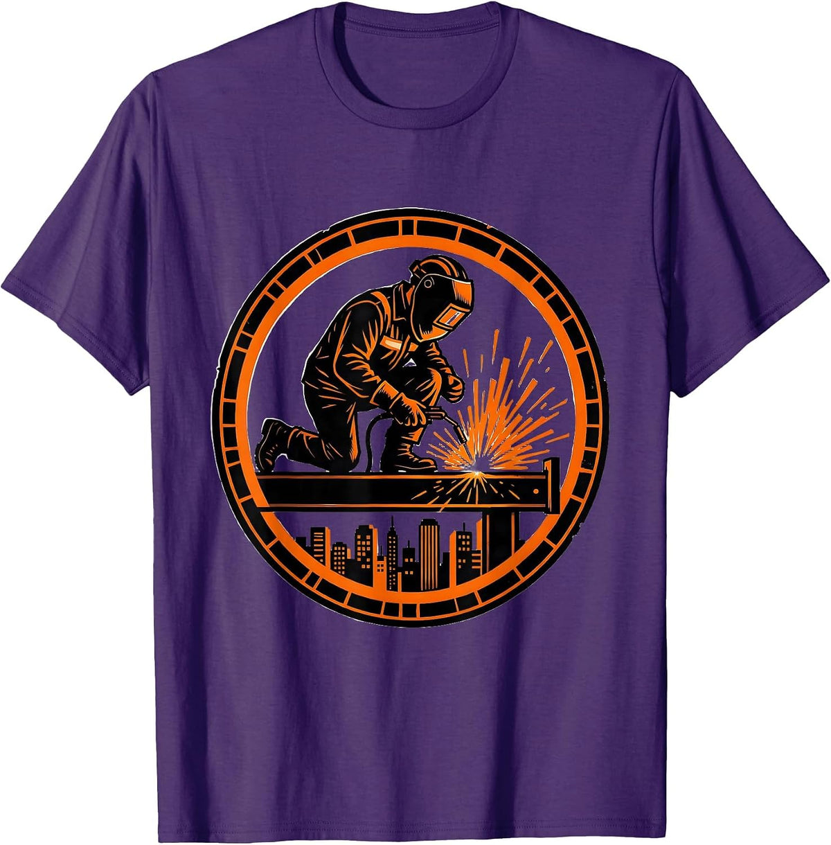 Welder on Iron Beam High Above the City T-Shirt - Purple