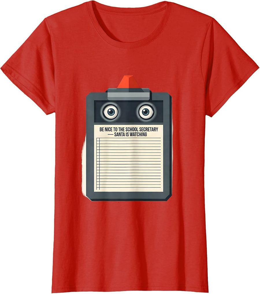 Women's Be Nice To The School Secretary Santa Is Watching Funny T-Shirt - Red
