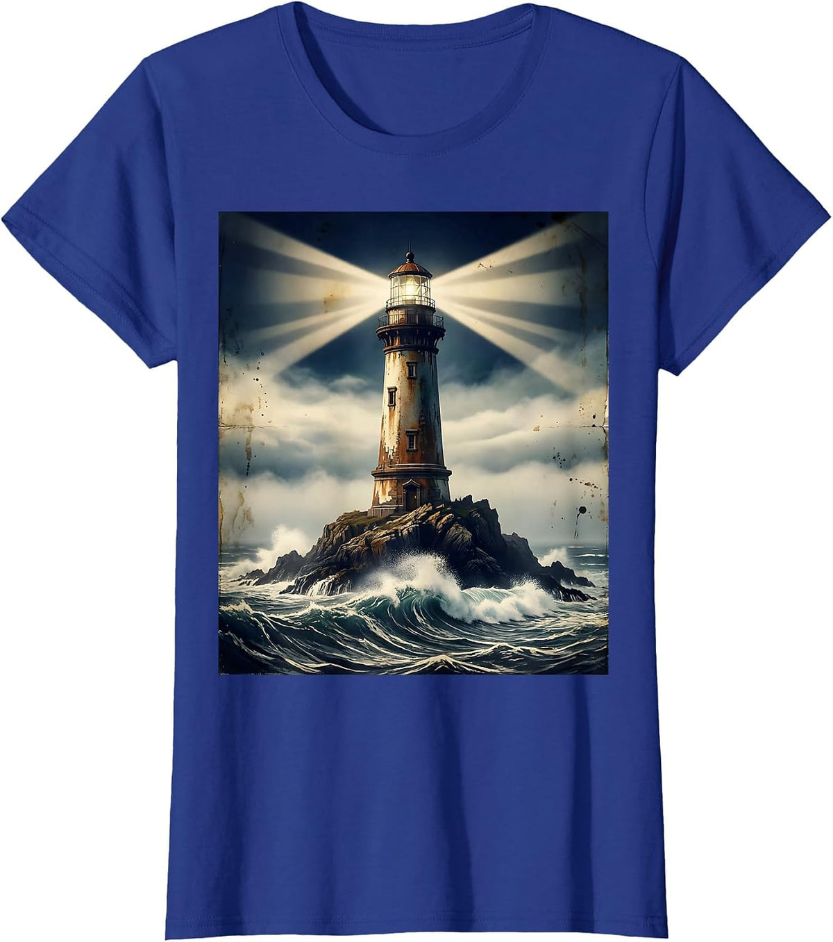 Women's Lighthouse Beam Through Night Fog Sailor Design T-Shirt - Royal Blue