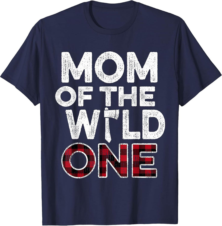 Mom of The Wild One Lumberjack First Birthday Baby Shower T-Shirt - Navy Blue