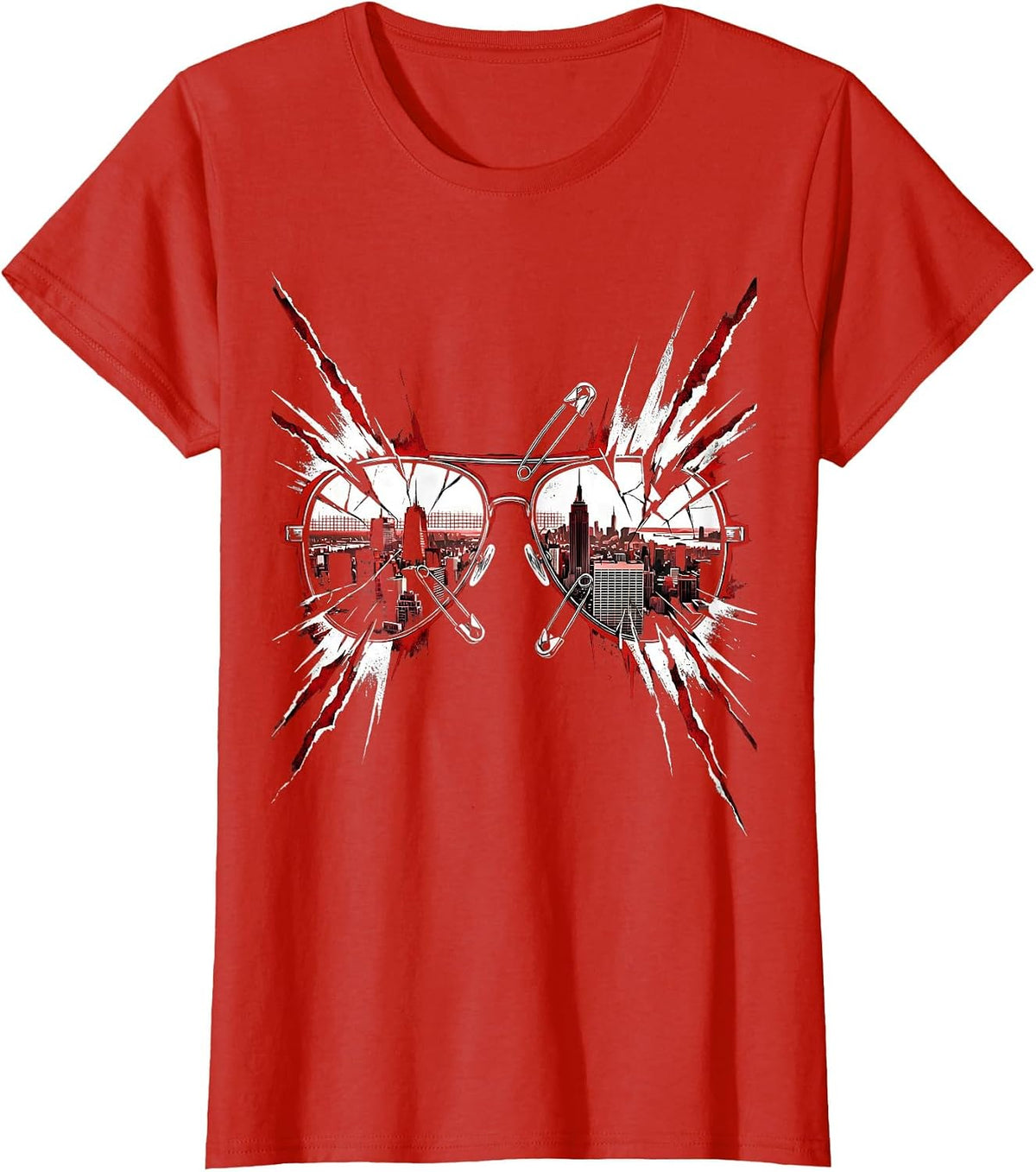 Women's Retro Synthwave Cityscape Reflective Sunglasses T-Shirt - Red