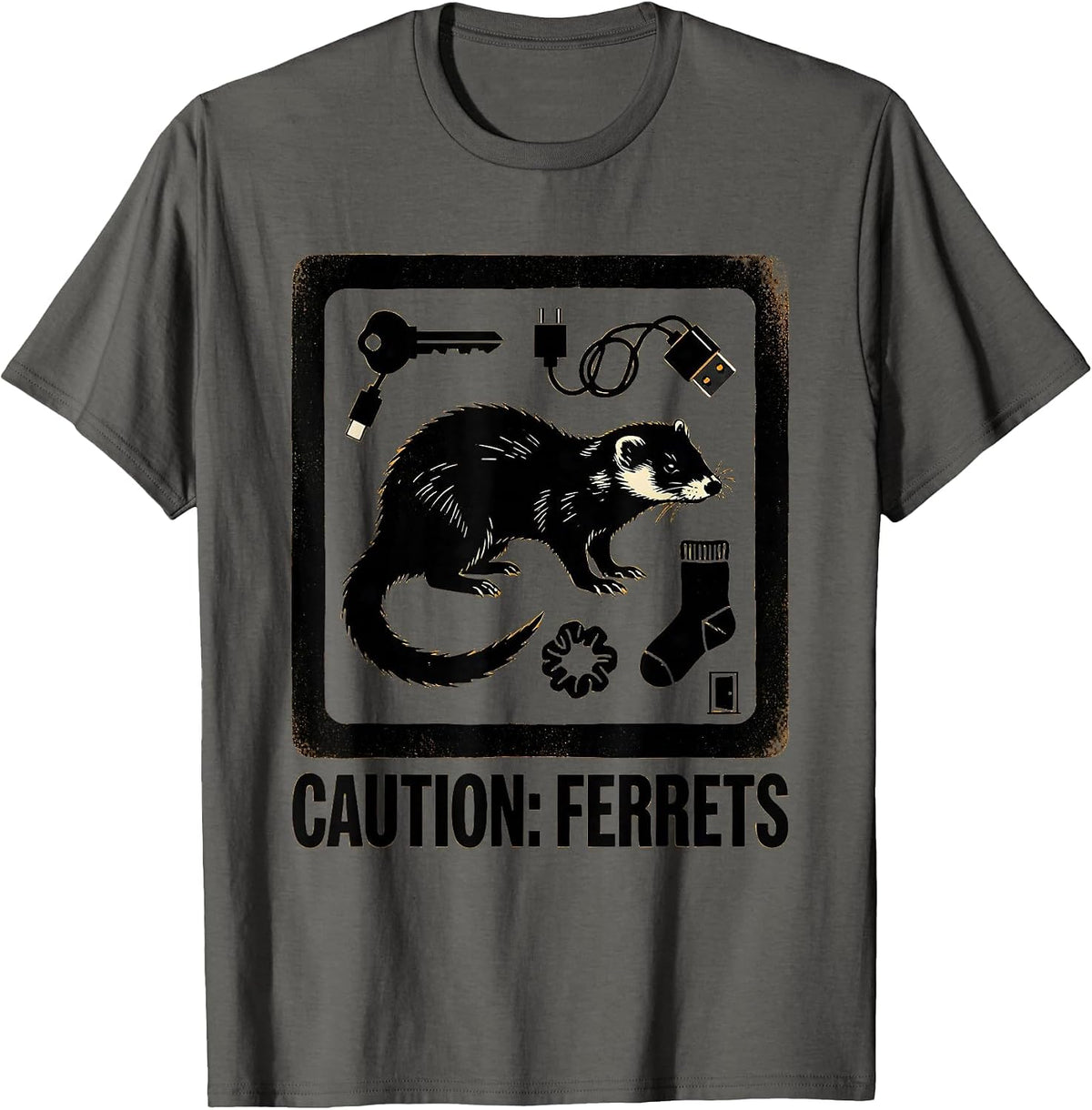 Men's Ferret Hazard Sign Funny Ferret Lover Gift T-Shirt - Asphalt Grey