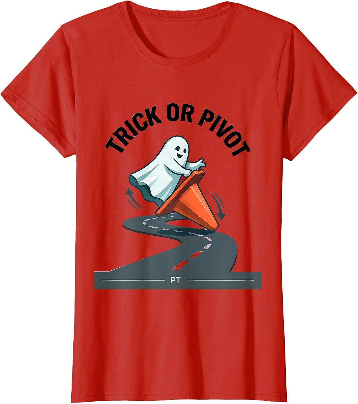 Trick Or Pivot PT Funny Physical Therapy Halloween Ghost T-Shirt - Red