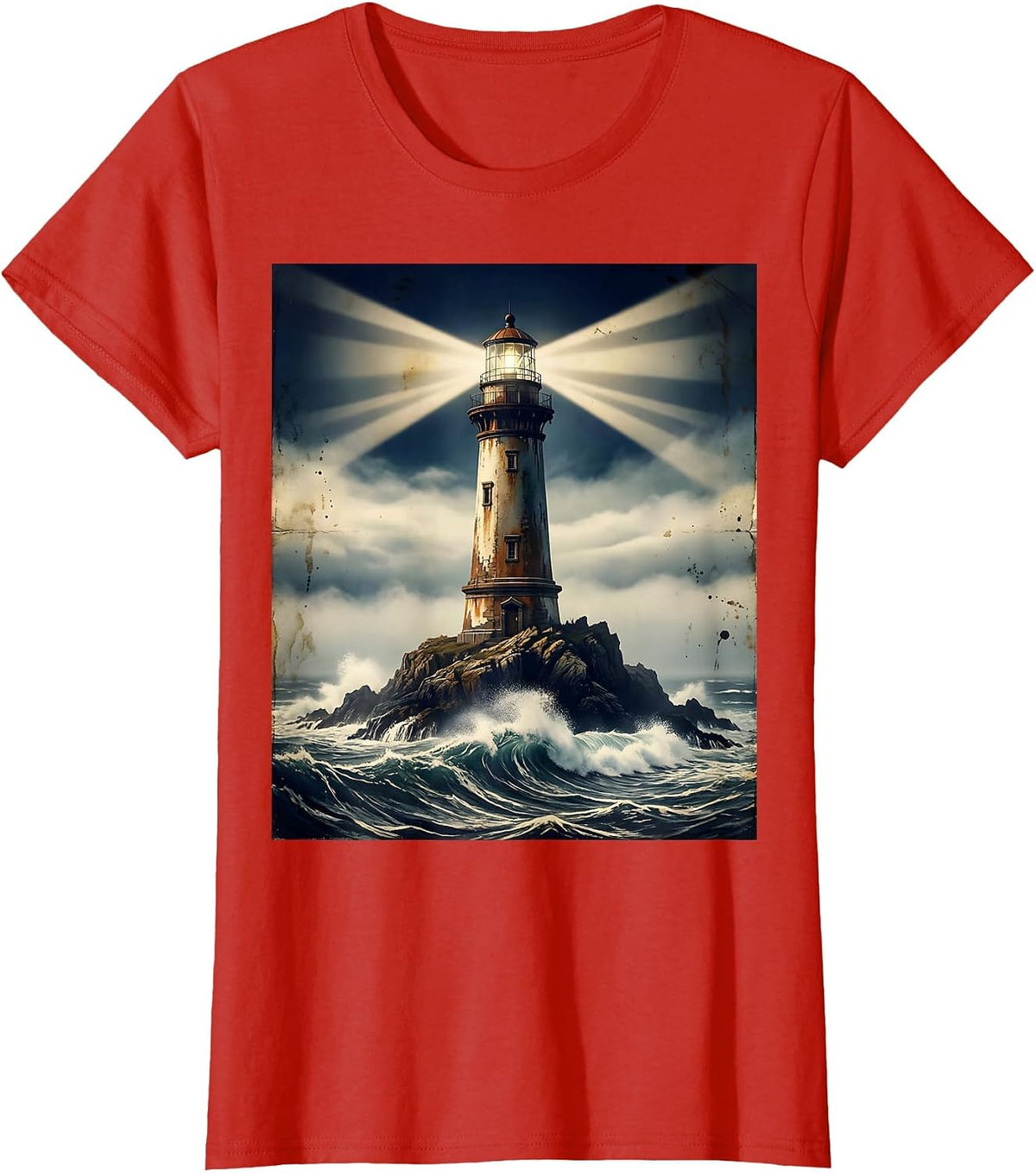 Women's Lighthouse Beam Through Night Fog Sailor Design T-Shirt - Red
