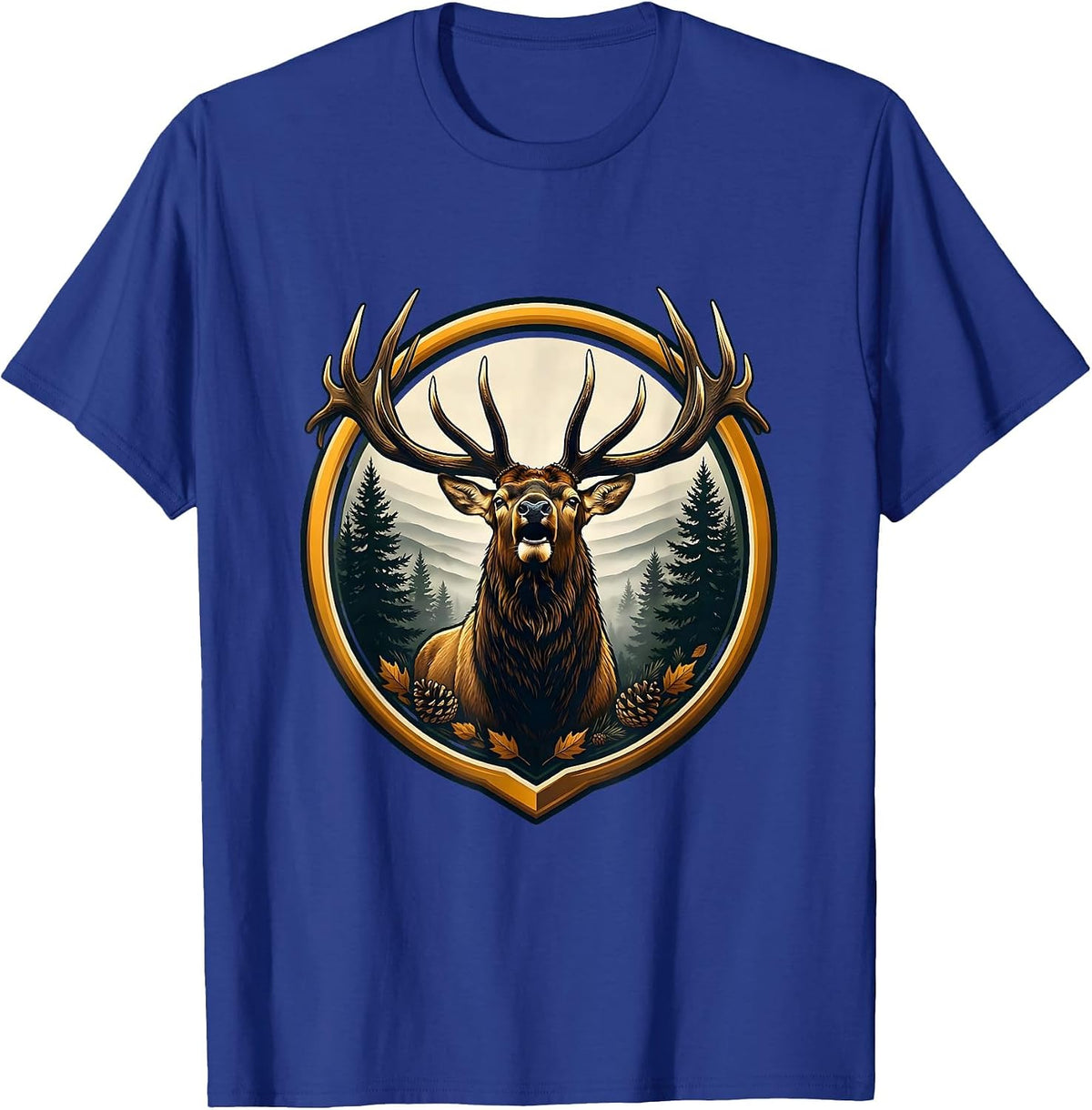 Men's Elk Bugling in Foggy Pine Forest Fall Design T-Shirt - Royal Blue