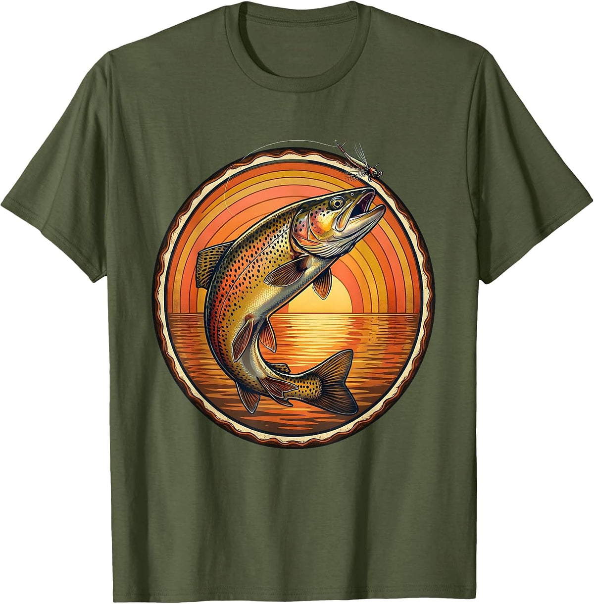 Trout Rising to Surface Fly Fishing Illustration T-Shirt - Olive Green
