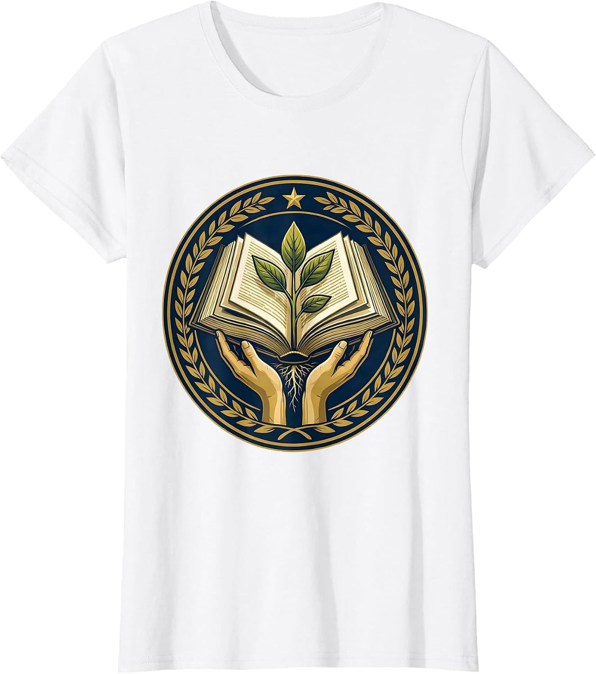 Sped Teacher Hands Planting Seedling in Textbook T-Shirt - White