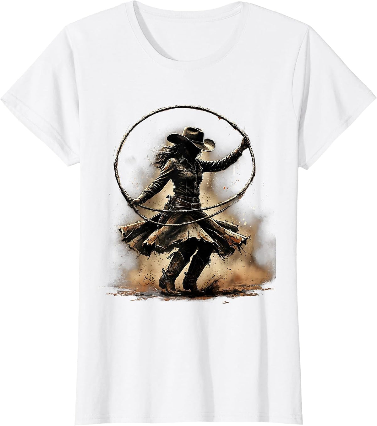 Cowgirl Twirling Lasso Western Rodeo Graphic T-Shirt - White