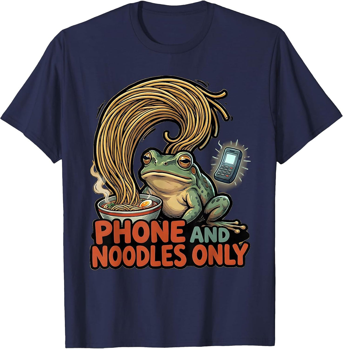 Phone And Noodles Only Funny Grumpy Frog Japanese Art Ramen T-Shirt - Navy Blue