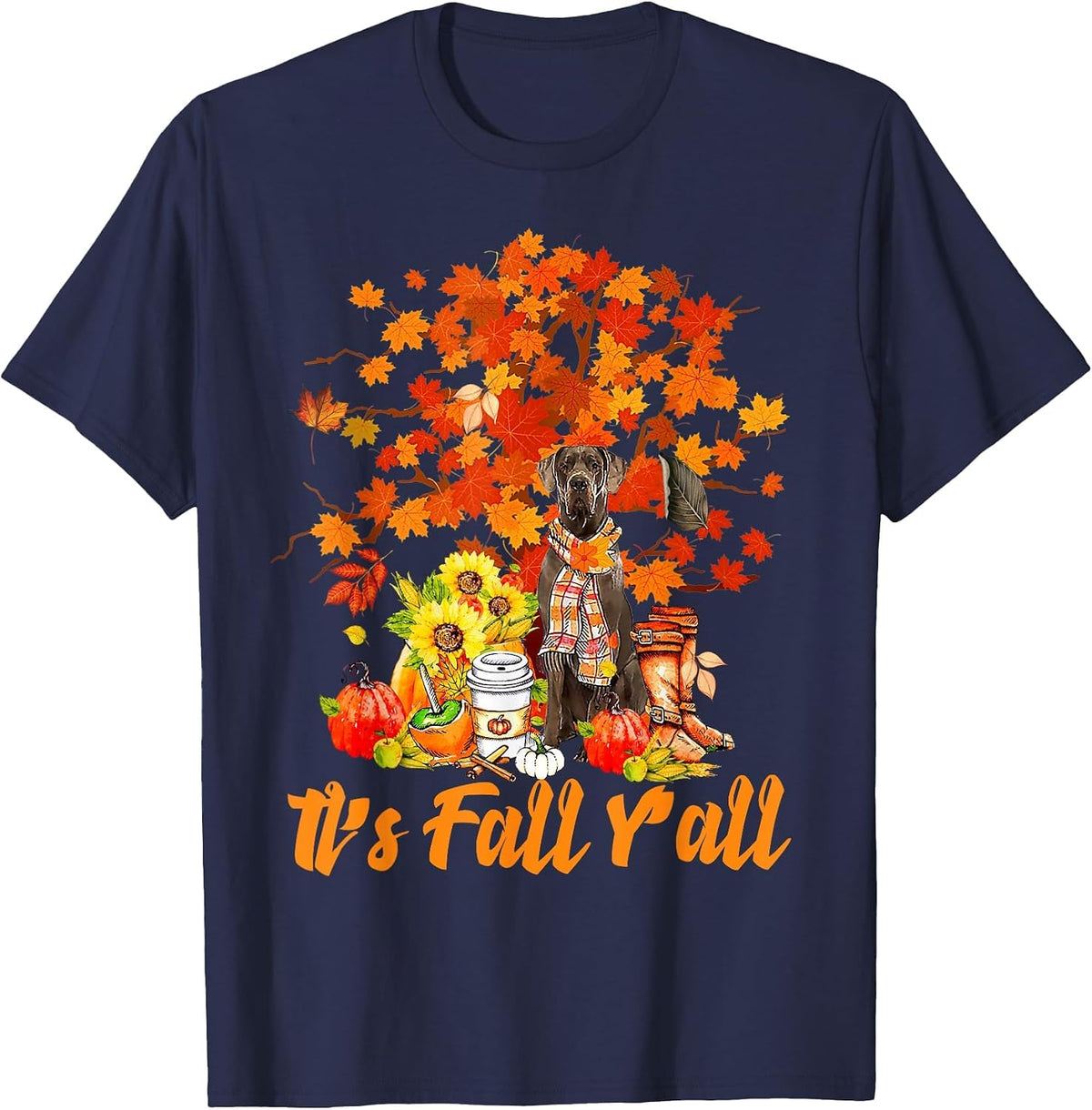It's Fall Y'all American Great Dane Dog Lovers Thanksgiving T-Shirt - Navy Blue