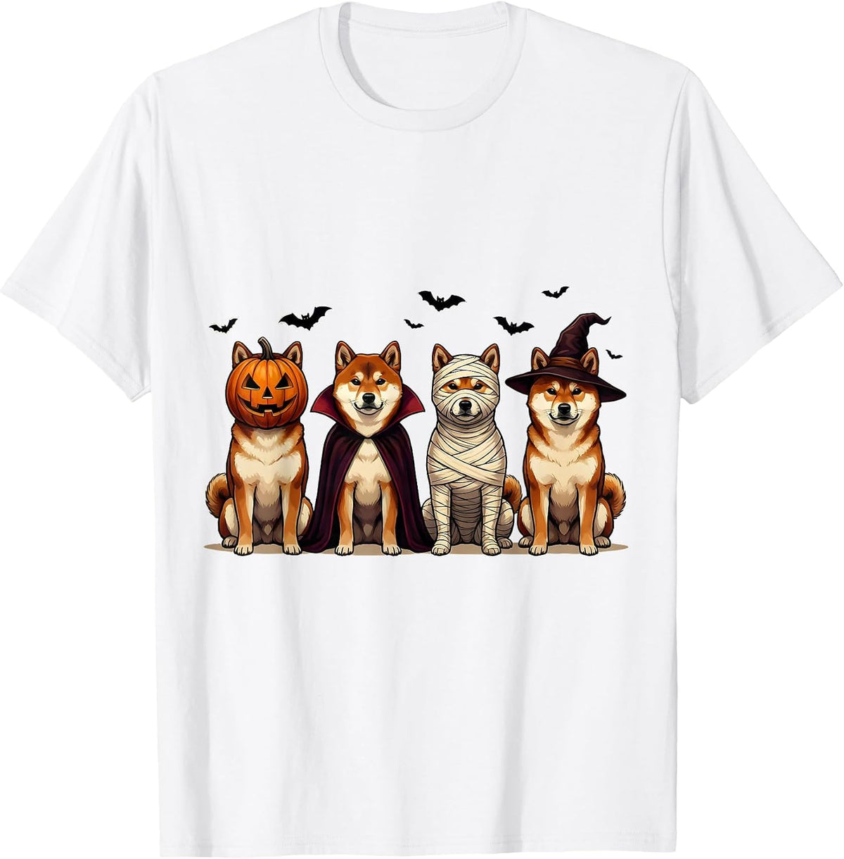Men's Halloween Shiba Inu Squad Pumpkin Vampire Mummy Witch Dog T-Shirt - White
