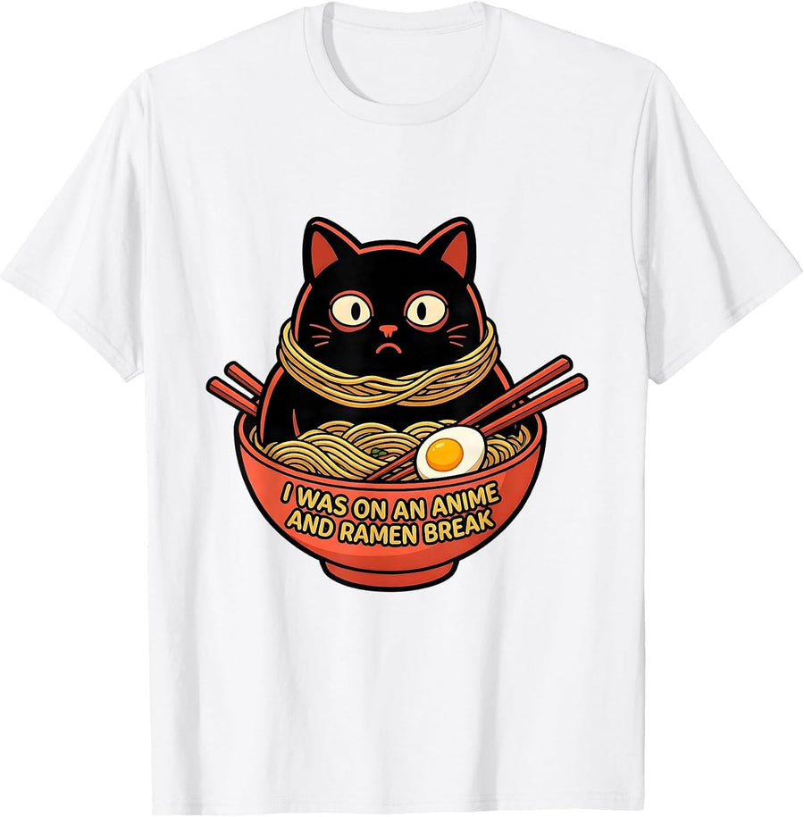 Men's I Was On An Anime And Ramen Break Funny Kawaii Cat Anime T-Shirt - White