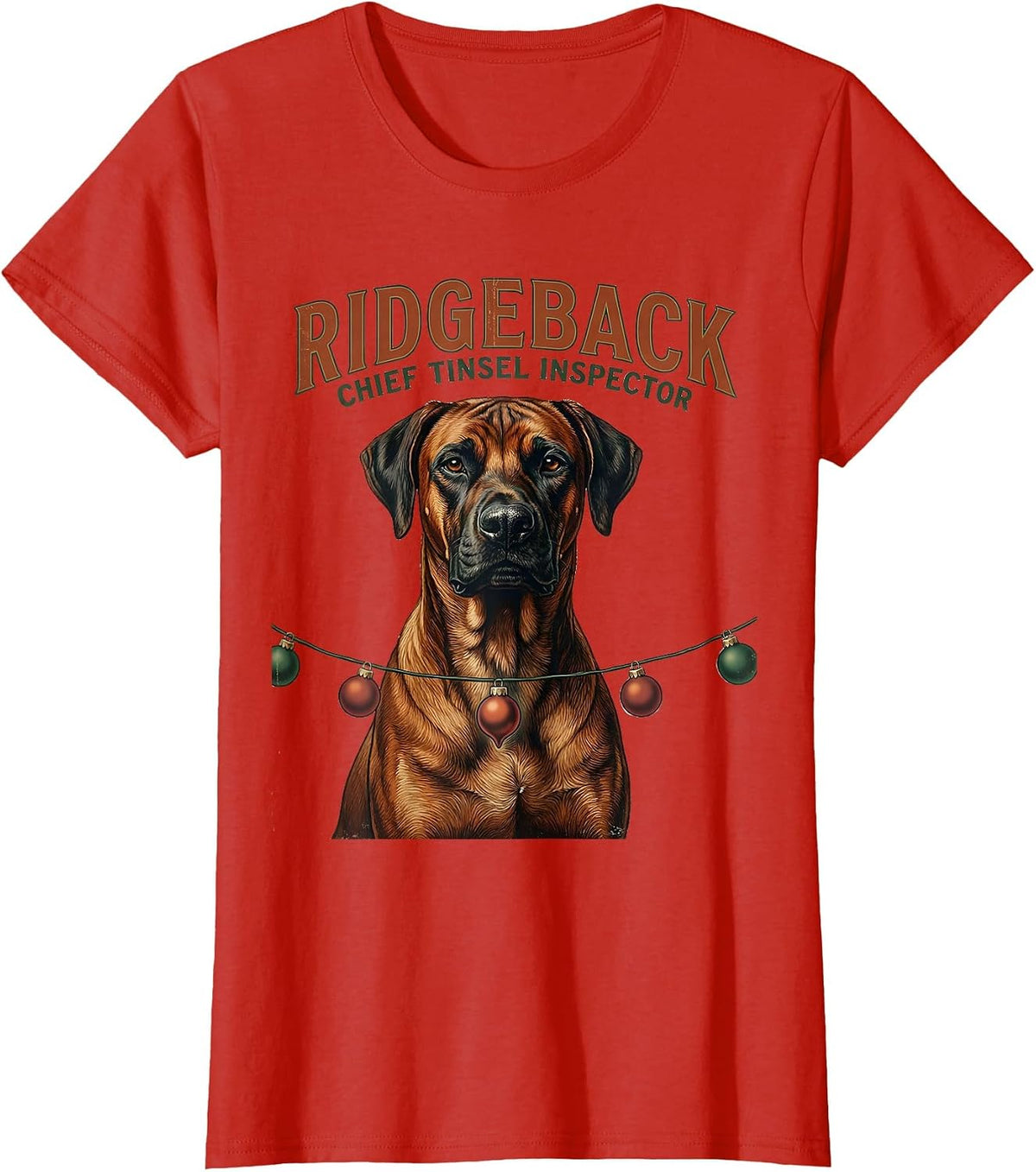 Women's Ridgeback Chief Tinsel Inspector Vintage Dog Breed Christmas T-Shirt - Red