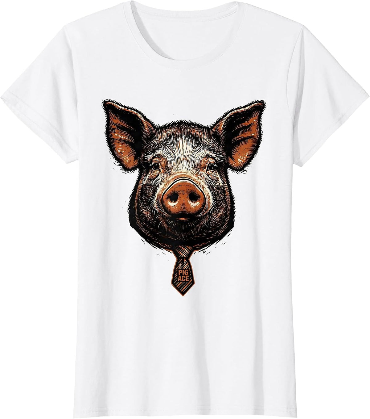 Pig Ace Funny Farm Animal Linocut Graphic Humor T-Shirt - White