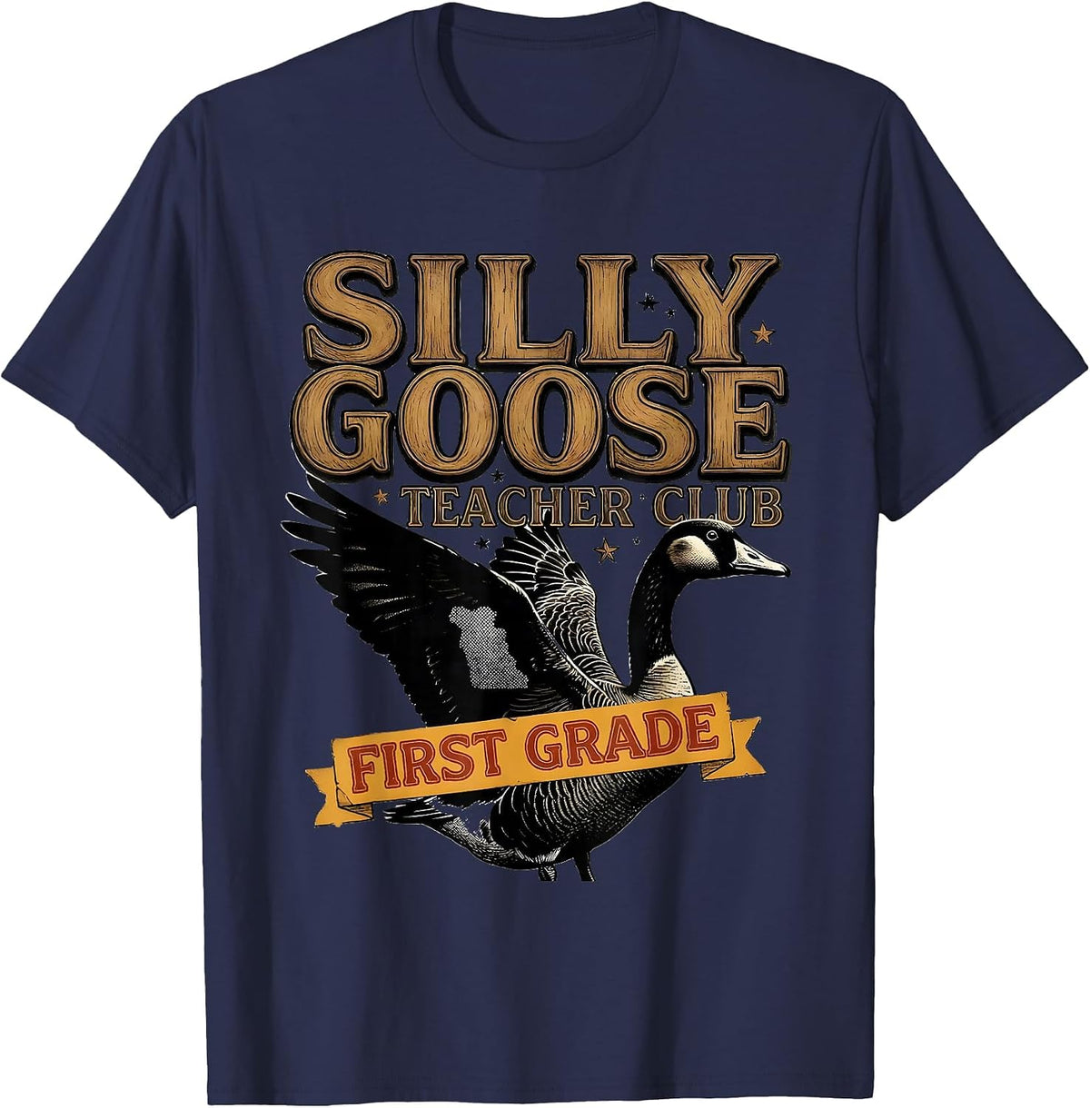 Men's Silly Goose Teacher Club First Grade Funny Back to School T-Shirt - Navy Blue