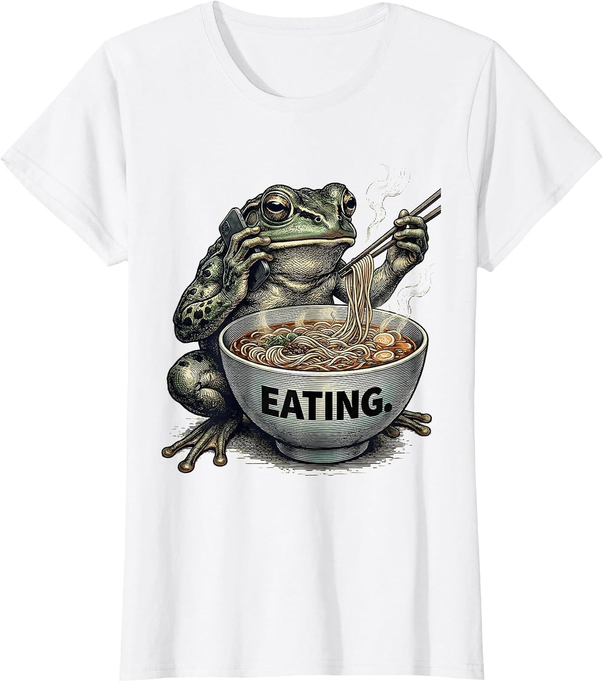 Women's Eating Grumpy Frog Eat Ramen and Scroll Phone Japanese Art T-Shirt - White