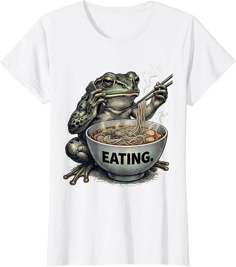 Women's Eating Grumpy Frog Eat Ramen and Scroll Phone Japanese Art T-Shirt - White