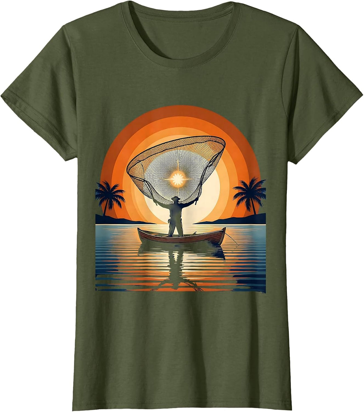 Women's Puerto Rico Fisherman Sunset Casting Net Art T-Shirt - Olive Green