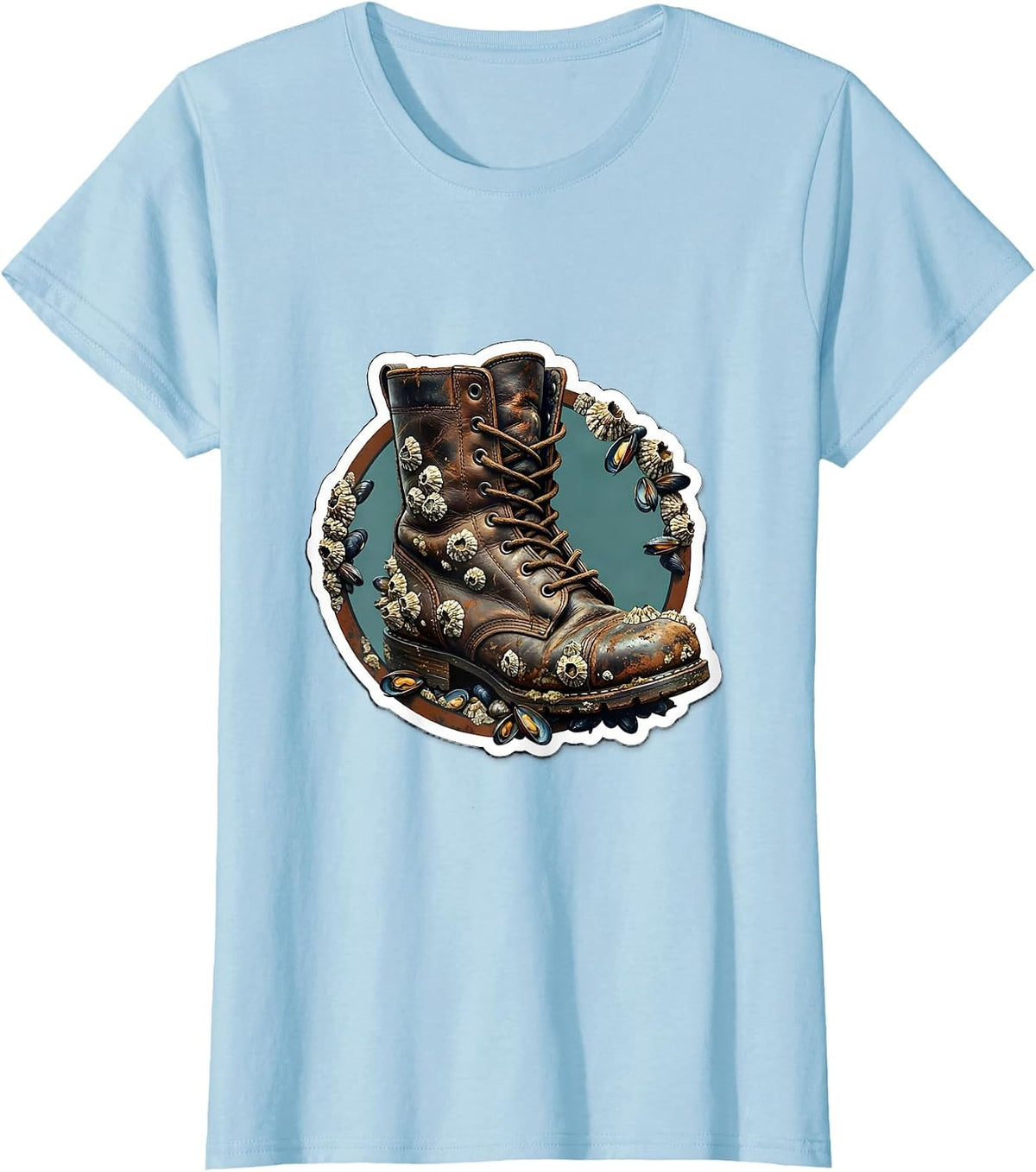Salty Old Sailor Boot Barnacle Illustration T-Shirt - Baby Blue