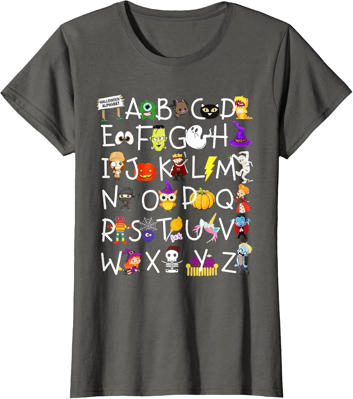 Alphabet ABCs Halloween Characters Kindergarten Teacher Kids T-Shirt - Asphalt Grey