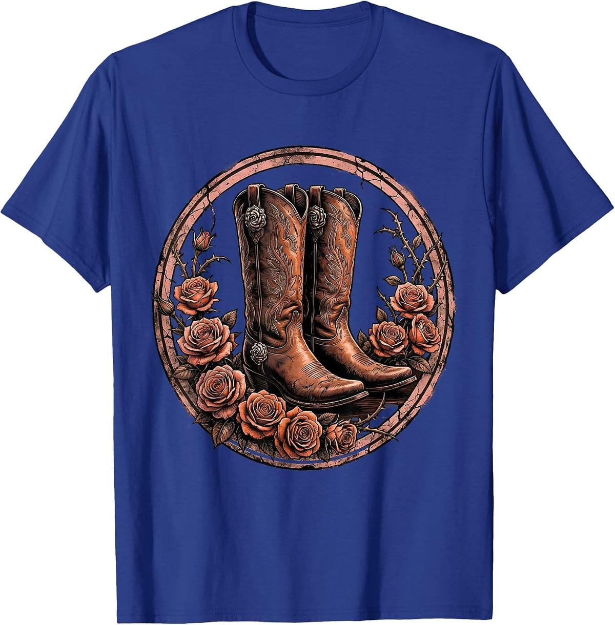 Cowgirl Boots Spurs and Roses Rodeo Design T-Shirt - Royal Blue
