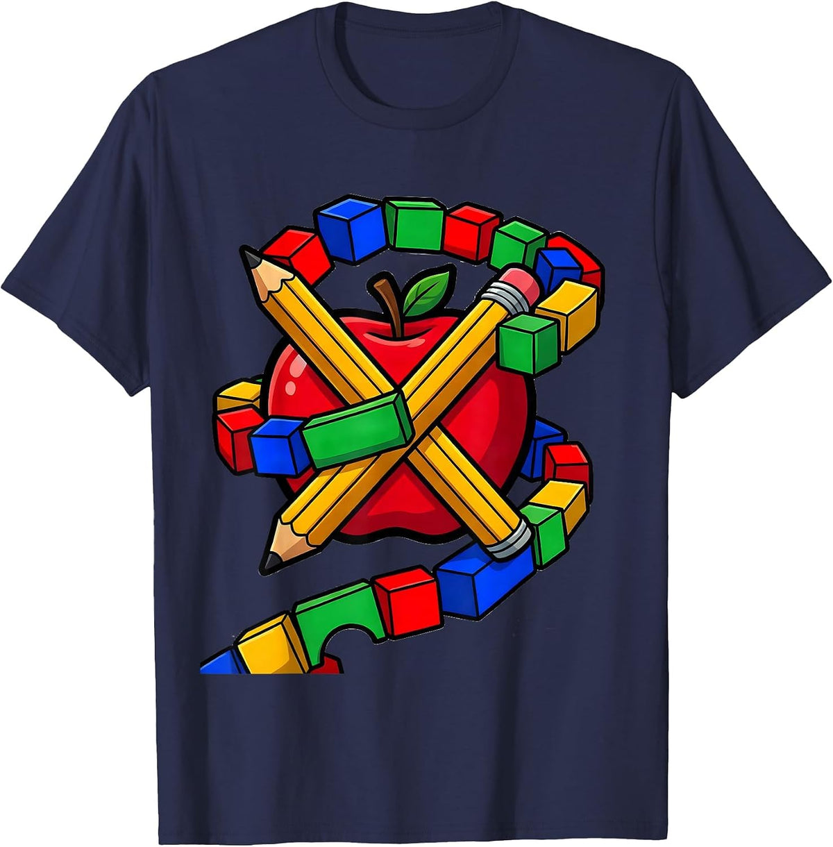 Men's Preschool Teacher Pencil Apple Colorful ABC Graphic T-Shirt - Navy Blue