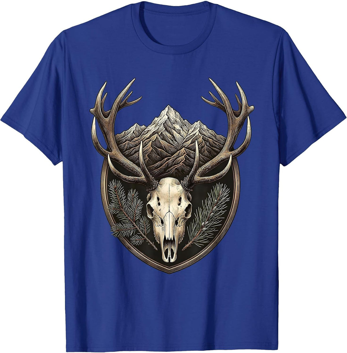 Men's Bull Elk Antlers Framing Mountain Sunset T-Shirt - Royal Blue