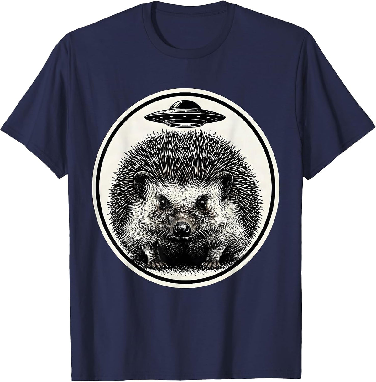 Men's Hedgehog UFO Dotwork Animal Lover Humor T-Shirt - Navy Blue