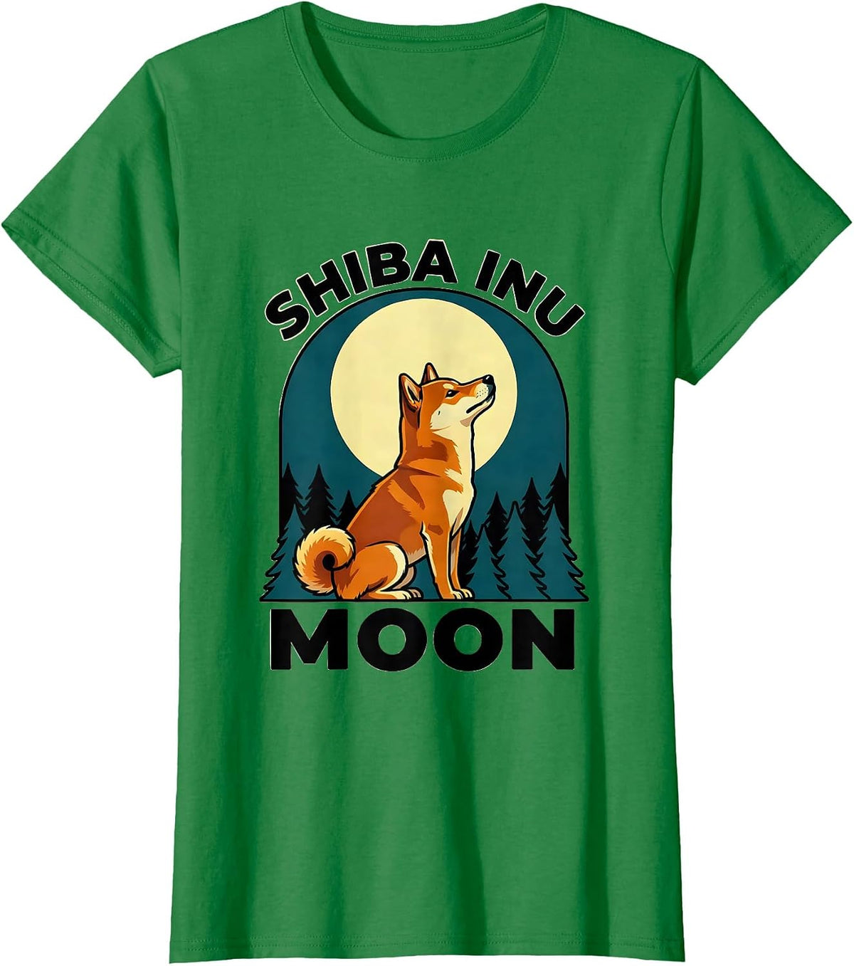 Women's Shiba Inu Moon Vintage Retro 90s Dog Breed Portrait T-Shirt - Kelly Green