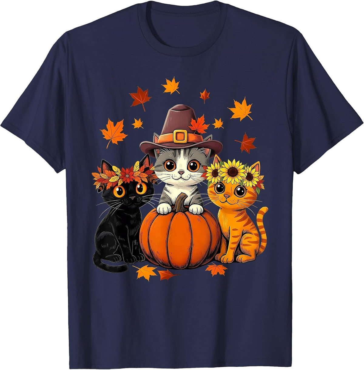Thanksgiving Kittens Pumpkin Cute Fall Cats Lover Men Women T-Shirt - Navy Blue