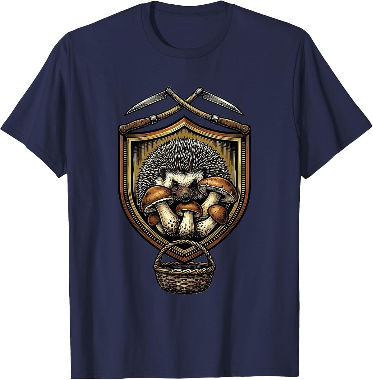 Men's Hedgehog Mushroom Emblem Forager Gift Foraging Hobbyist T-Shirt - Navy Blue