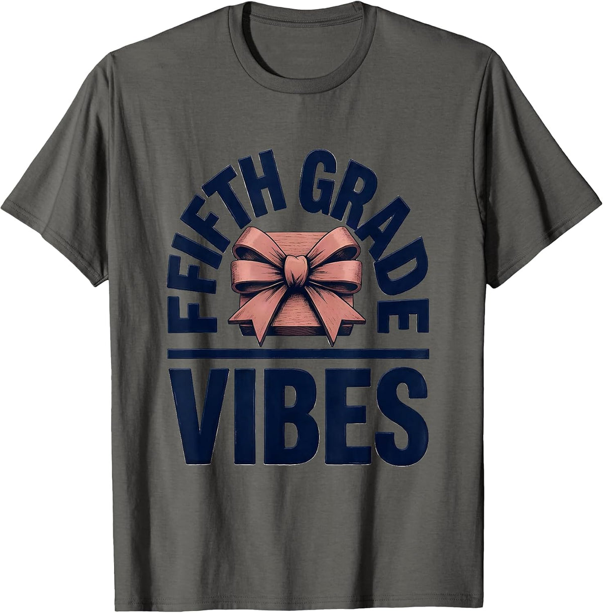 Fifth Grade Vibes Wood Type Letterpress Coquette Bow Back T-Shirt - Asphalt Grey